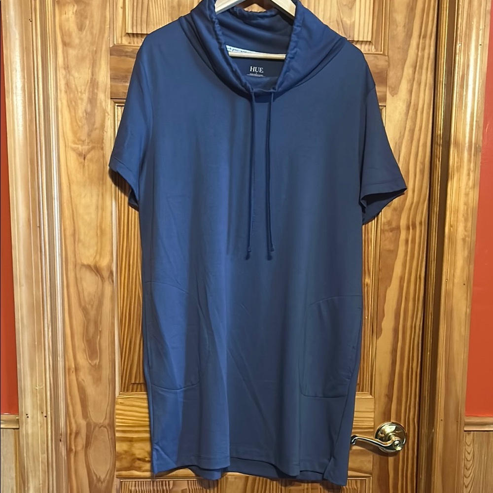 HUE Blue/Gray Short Sleeve Cowl-Neck Tunic Dress